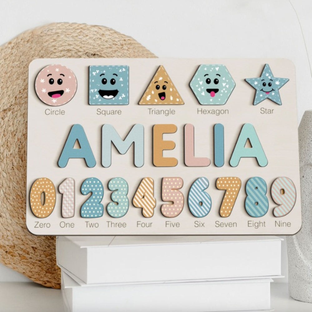 Light Blue Custom Wooden Name Numbers And Shapes Puzzle