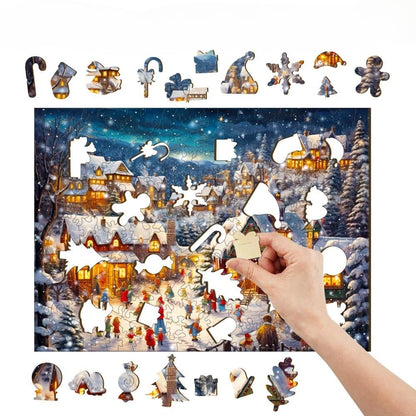 Lively Snowy Night Wooden Jigsaw Puzzle