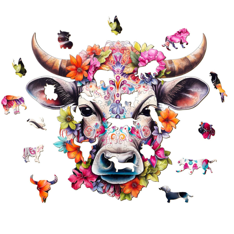 Flower And Cow Wooden Jigsaw Puzzle