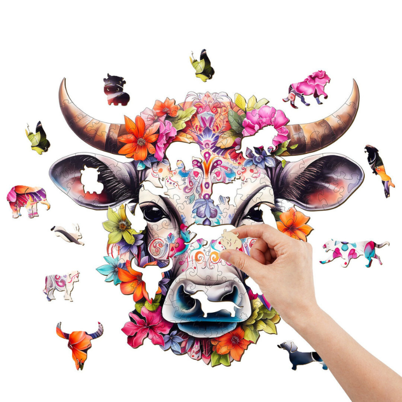 Flower And Cow Wooden Jigsaw Puzzle