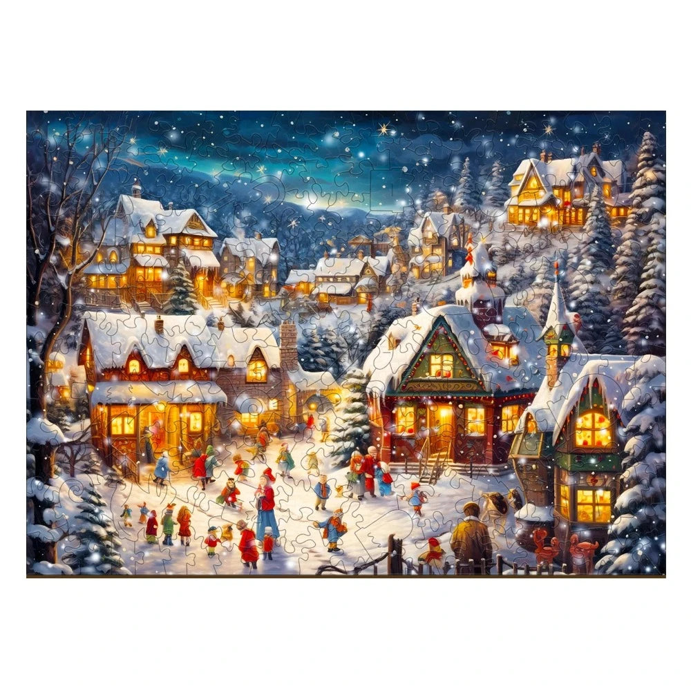 Lively Snowy Night Wooden Jigsaw Puzzle