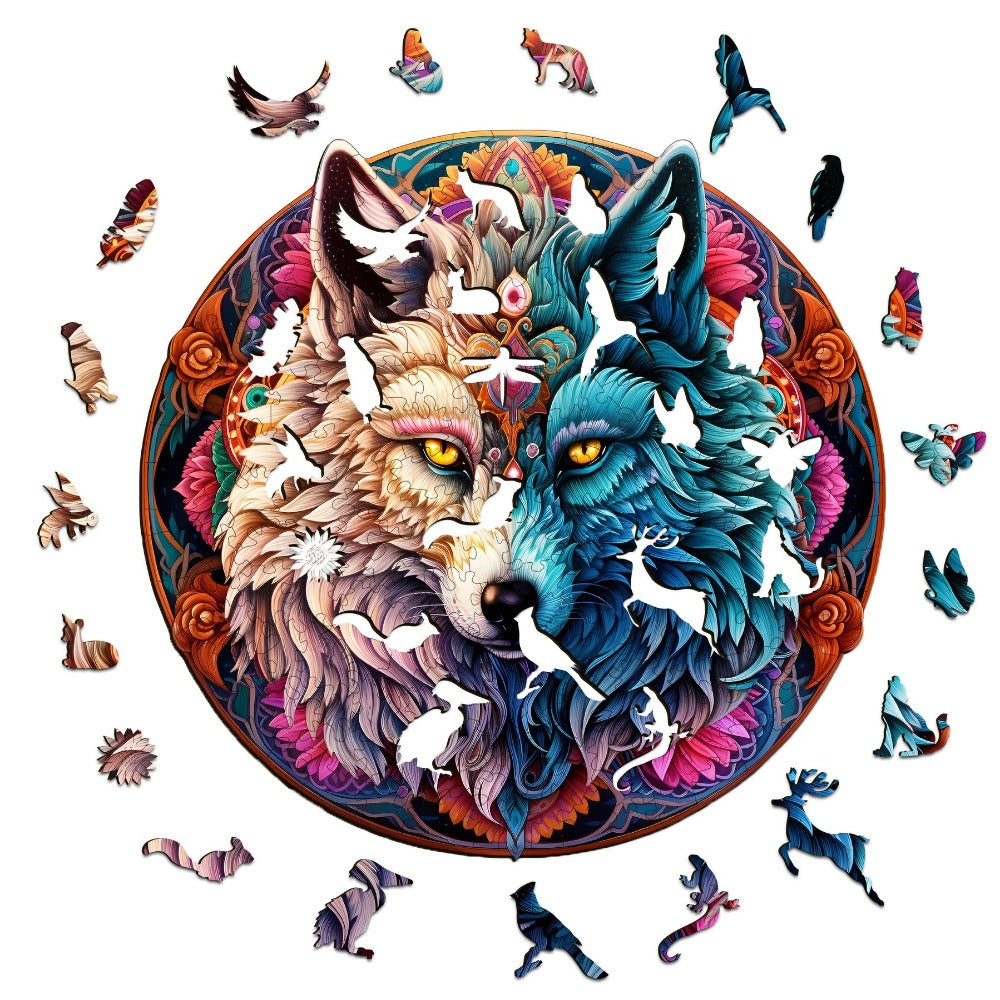 Mandala Yin Yang Wolf Wooden Jigsaw Puzzle