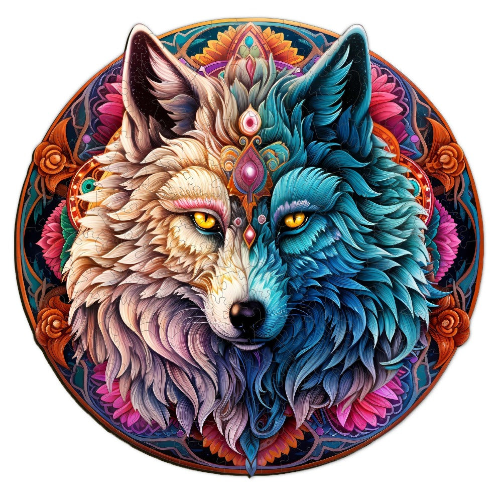 Mandala Yin Yang Wolf Wooden Jigsaw Puzzle