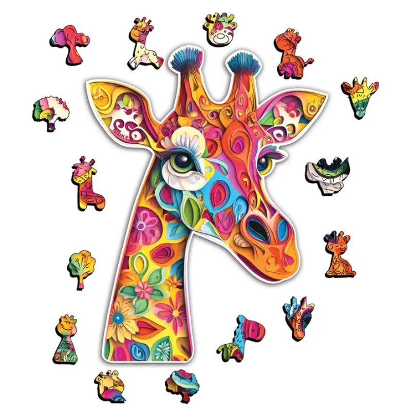 Vibrant Giraffe Wooden Puzzle With Floral Design