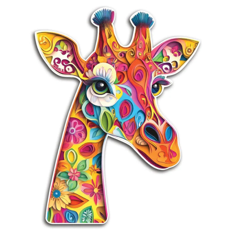 Vibrant Giraffe Wooden Puzzle With Floral Design