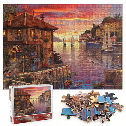 Mediterranean Harbor Wooden 1000 Piece Jigsaw Puzzle Toy For Adults and Kids